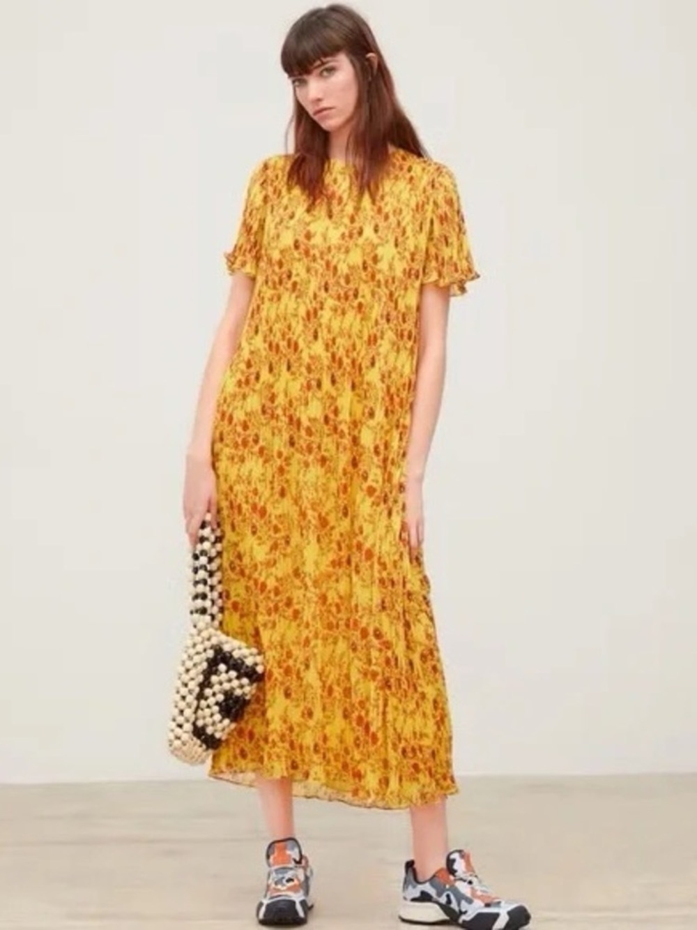 Zara Yellow Midi Dress with Red Floral Print